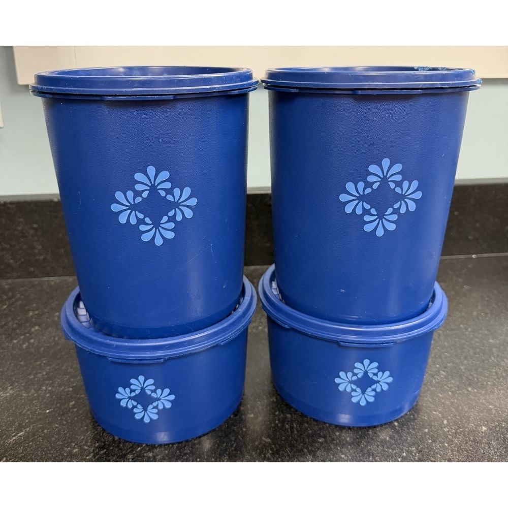 Vtg Tupperware Servalier Blue Canister Set Of 4 Floral Daisy 809 & 1298, 7" & 4"
